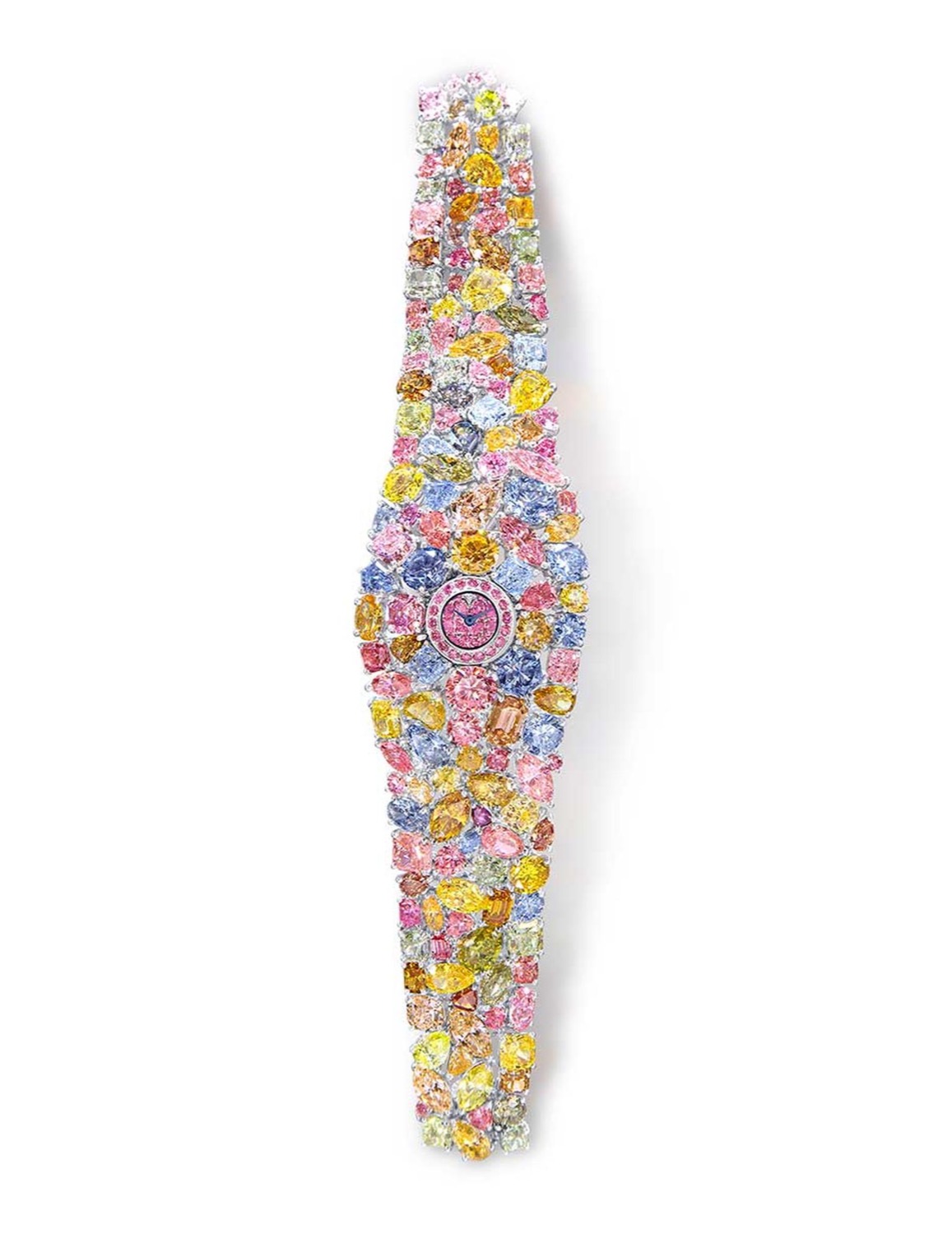 La Graff Hallucination, bracelet en platine serti de 110 carats de diamants, présentée comme la montre la plus chère jamais conçue, au prix annoncé de 55 millions de dollars.