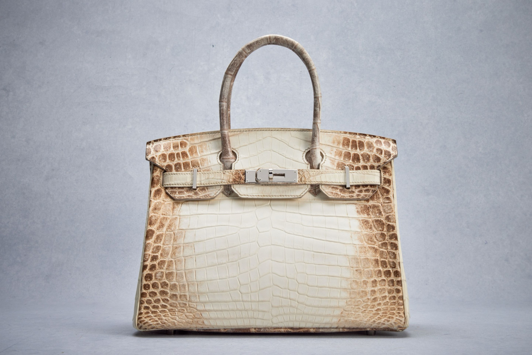 Le dégradé Himalaya, du gris fumé au blanc nacré, fait du crocodile niloticus la peau la plus convoitée d'Hermès.