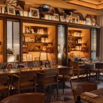 Salle du restaurant du Brach Paris, bibliothèques éclairées et tables dressées
