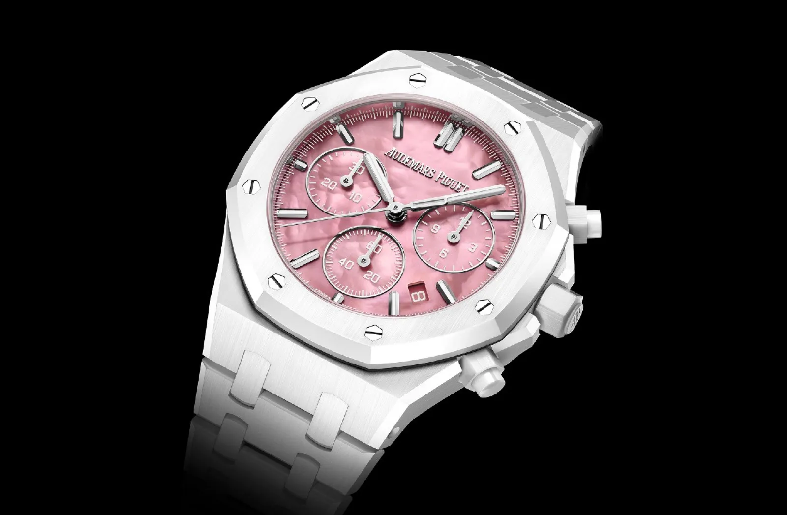 Montre Audemars Piguet Royal Oak Chronographe 38 mm en céramique blanche avec cadran en nacre rose