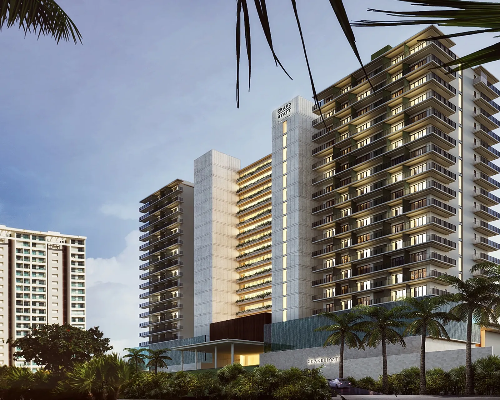 Rendu architectural de la façade du Grand Hyatt Cancun Beach Resort à Puerto Cancun à l'aube