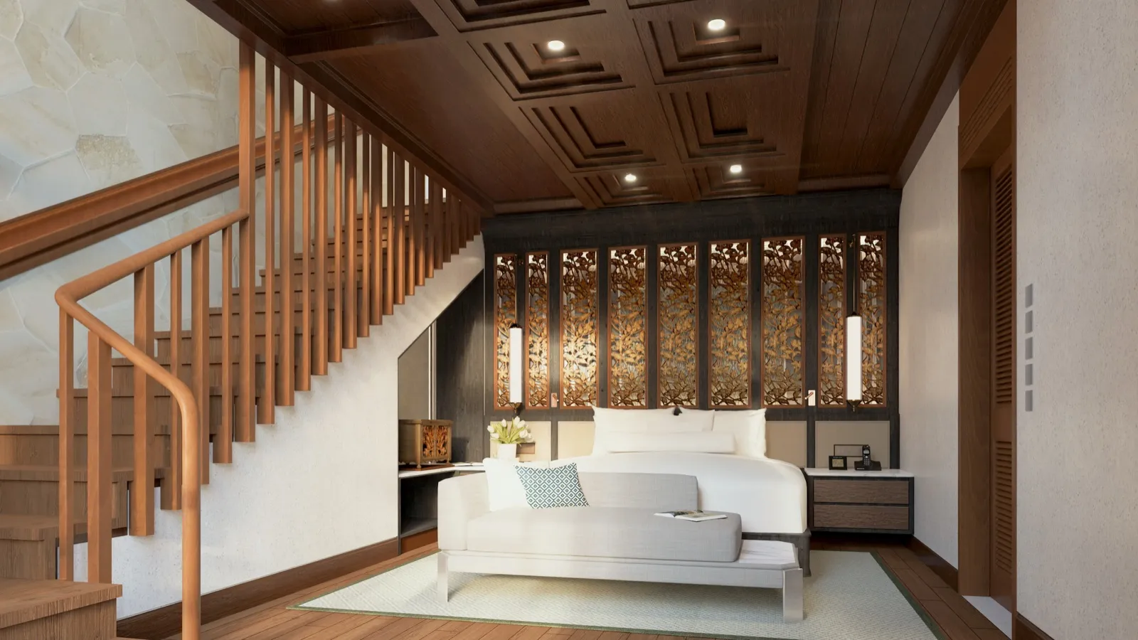 Premier Duplex Suite du Four Seasons Resort Bali at Sayan, escalier en teck et panneaux sculptés