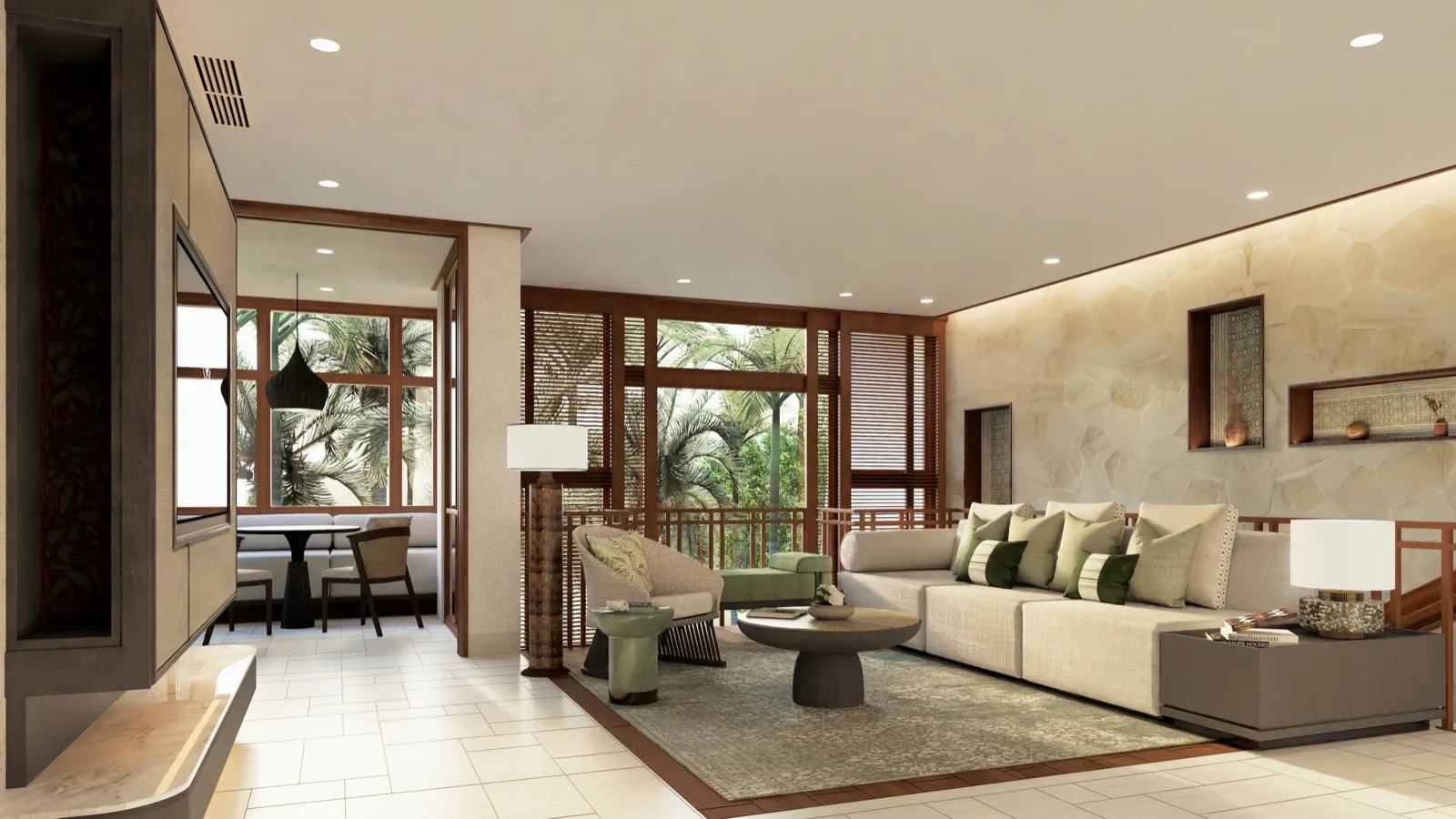 Salon d'une suite rénovée par HBA au Four Seasons Bali at Sayan, ouvert sur la jungle d'Ubud