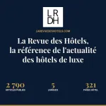 La Revue des Hôtels, la référence de l'actualité des hôtels de luxe : depuis 2018, 2 790 articles, 5 langues, 321 pages hôtel, 76 hôtels testés