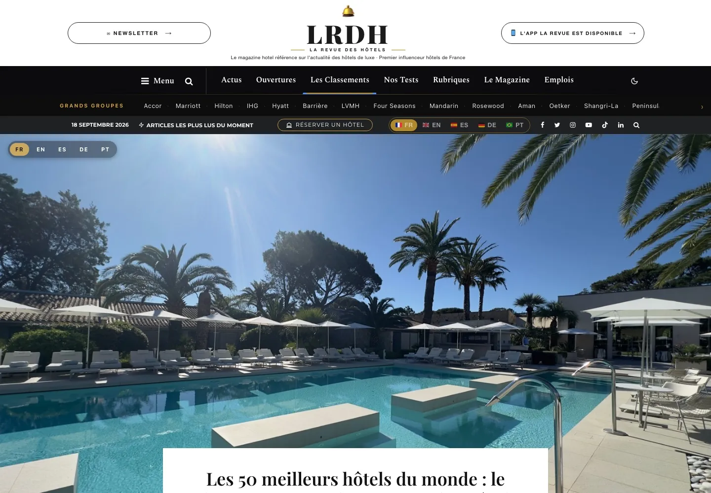 La page du classement 2026 des 50 meilleurs hôtels du monde sur larevuedeshotels.com