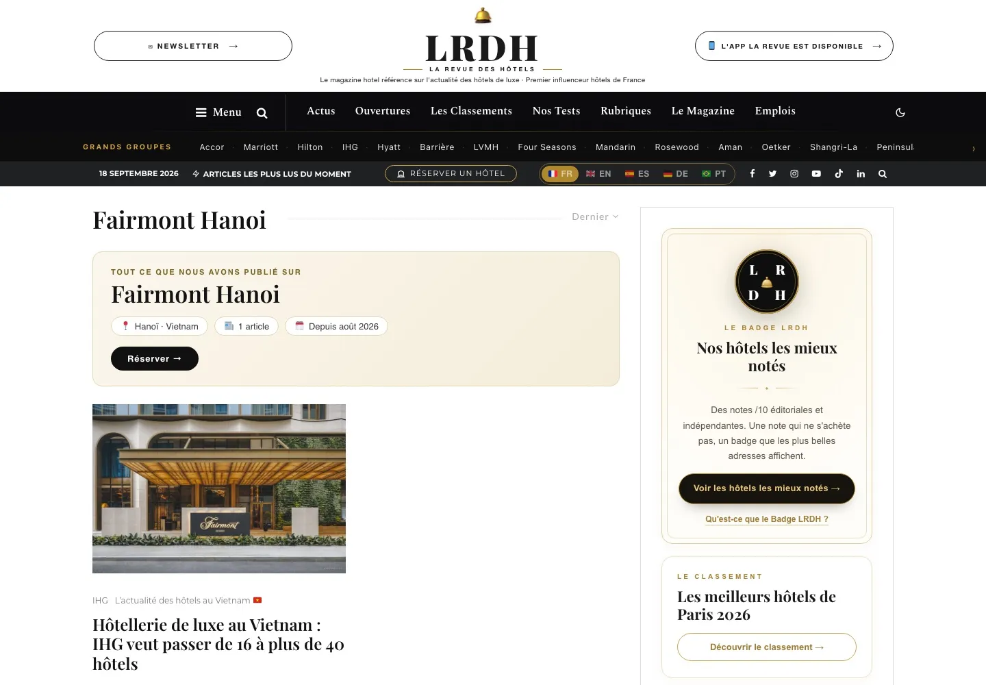 Une page hôtel de La Revue des Hôtels : tout ce qui a été publié sur le Fairmont Hanoi
