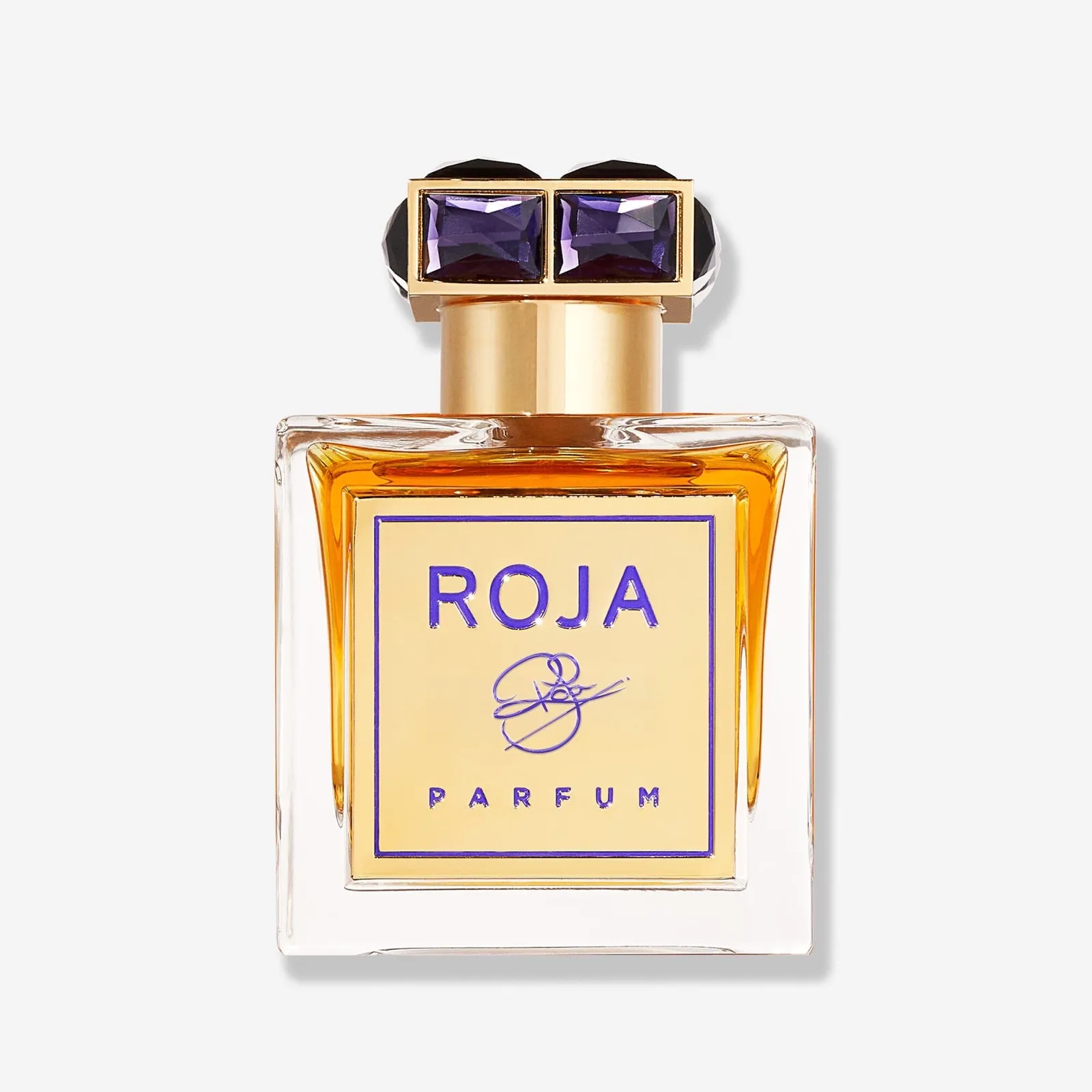 Flacon ROJA Parfum de Roja Parfums, 100 ml, au bouchon orné de pierres violettes facettées