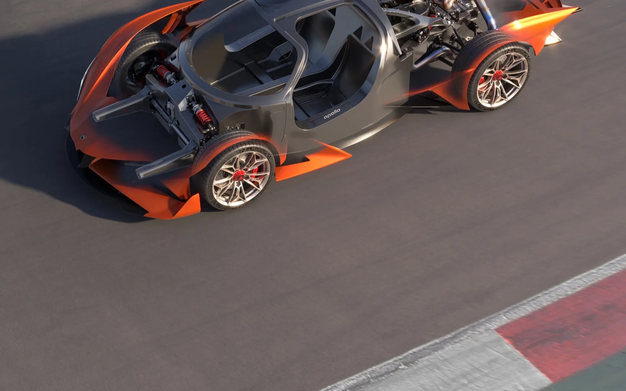 Apollo EVO vue de dessus sans carrosserie, monocoque carbone et V12