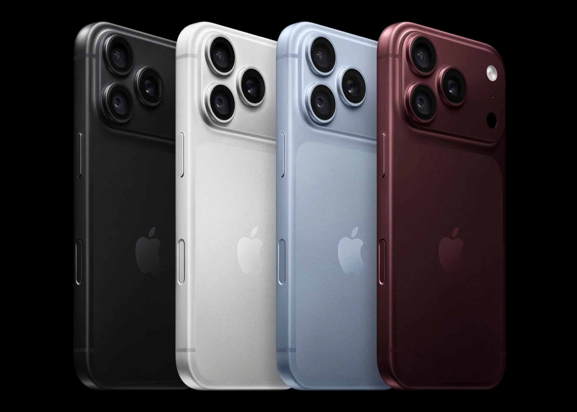 Quatre iPhone 18 Pro de dos en noir, argent, glacier et bordeaux