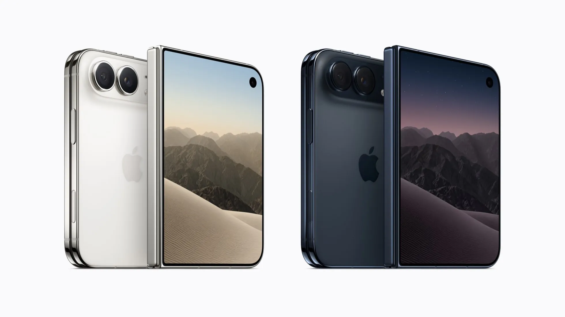 Deux iPhone Duo pliables à demi ouverts, en blanc stellaire et en ciel nocturne