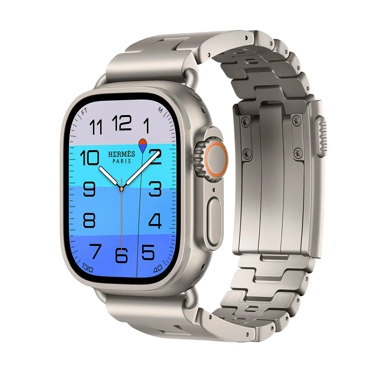 Apple Watch Hermès Ultra 4 in 49 mm titanium on titanium Grand H bracelet, blue Hermès dial