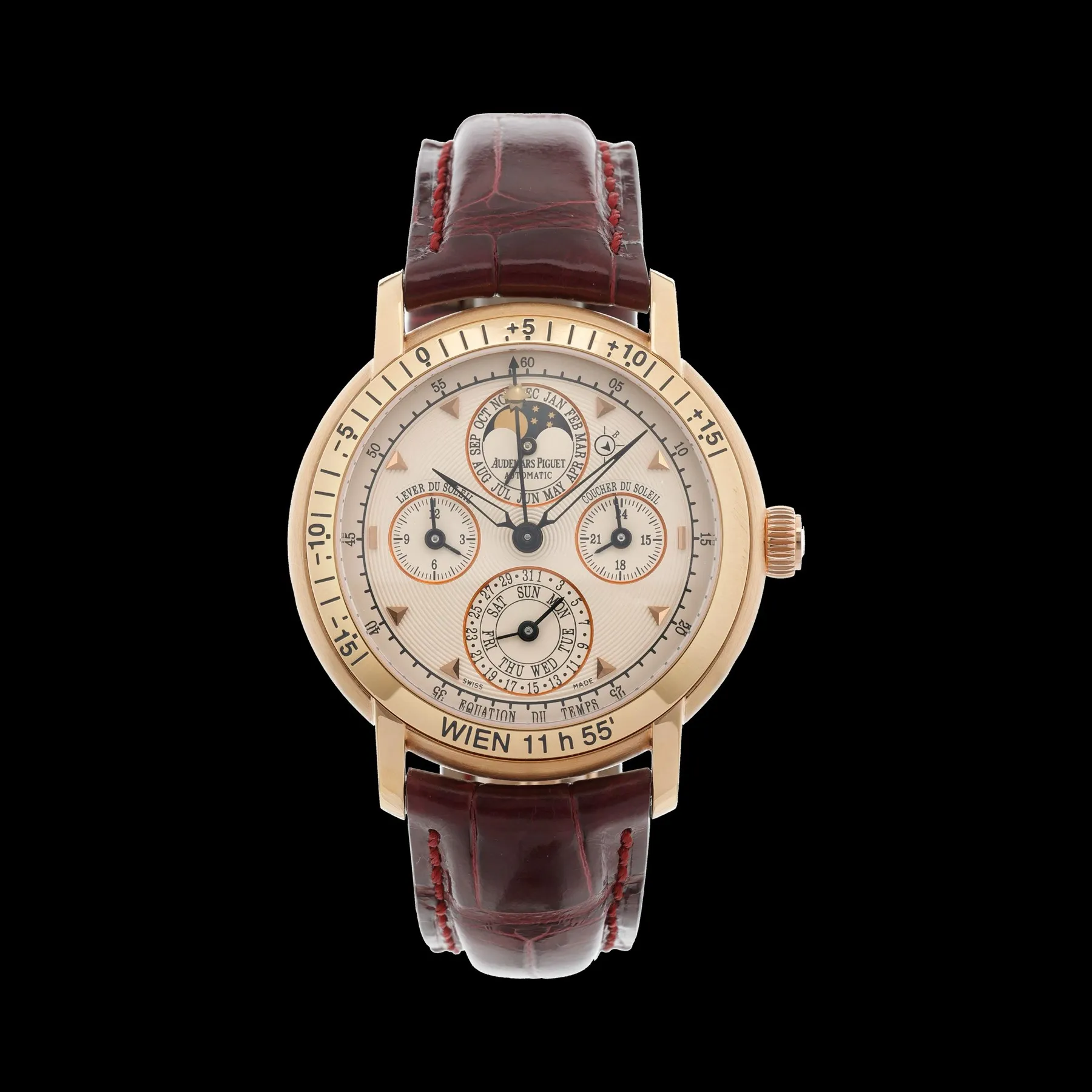 Reloj Audemars Piguet Jules Audemars ecuación del tiempo, edición Wien de oro rosa, correa de piel burdeos
