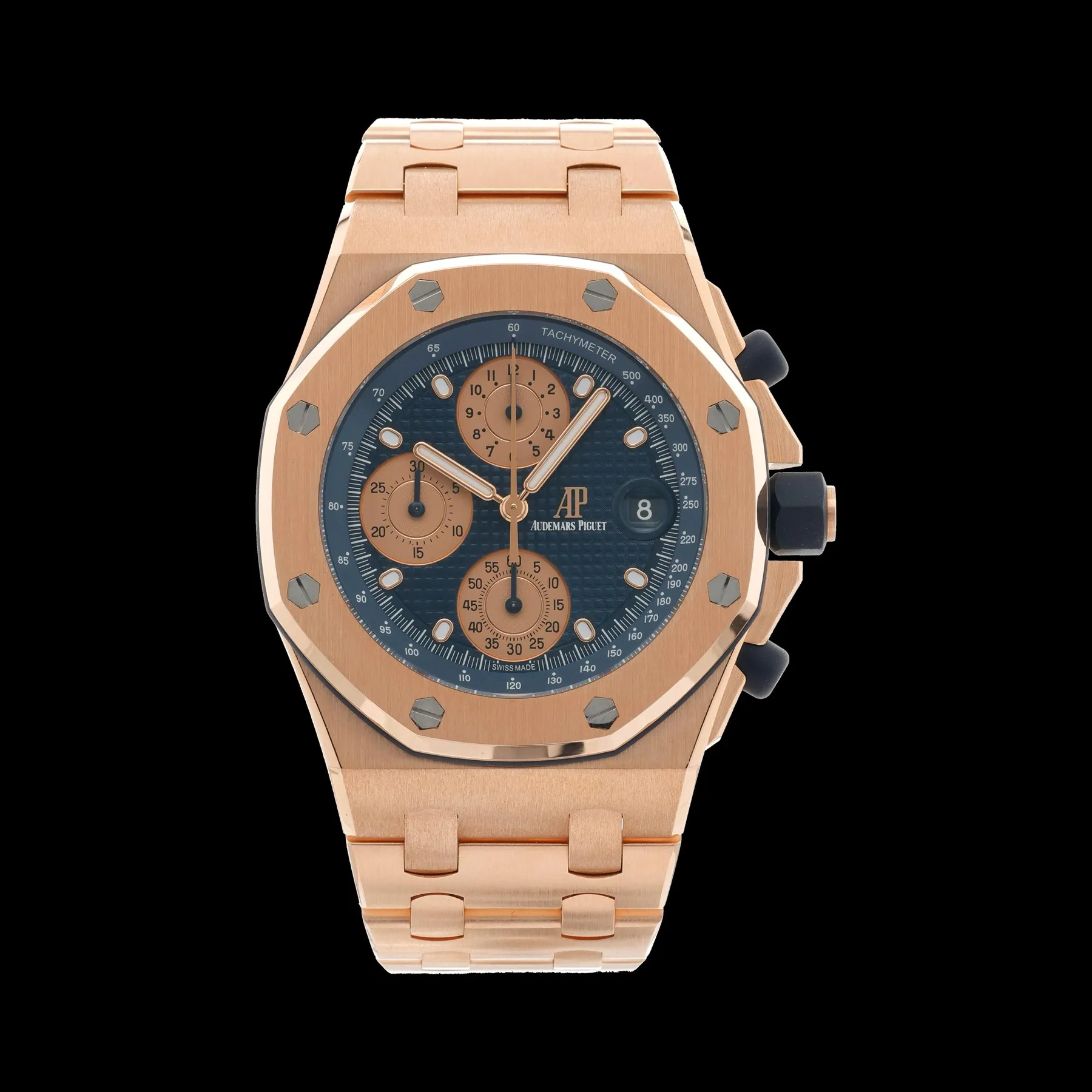Reloj Audemars Piguet Royal Oak Offshore cronógrafo flyback de oro rosa, esfera azul, referencia 26238OR