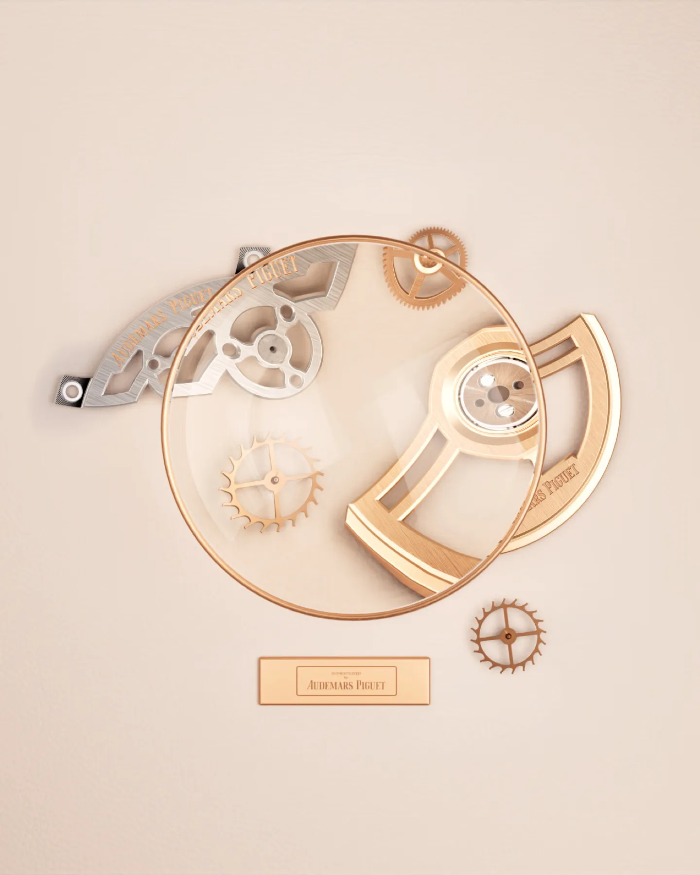 Recreación de piezas de movimiento Audemars Piguet y una masa oscilante bajo una lupa, imagen de The Watch Keepers