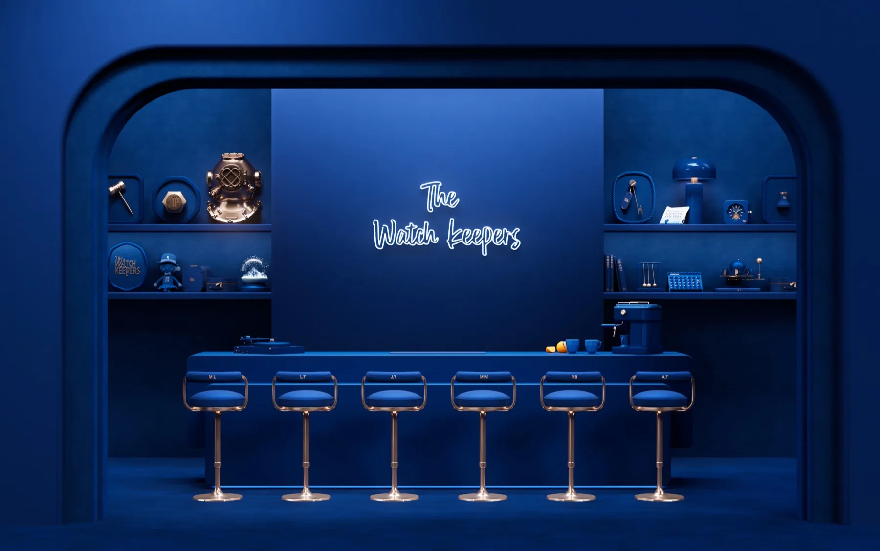 Recreación del bar de la villa The Watch Keepers de Audemars Piguet con el rótulo luminoso de la plataforma