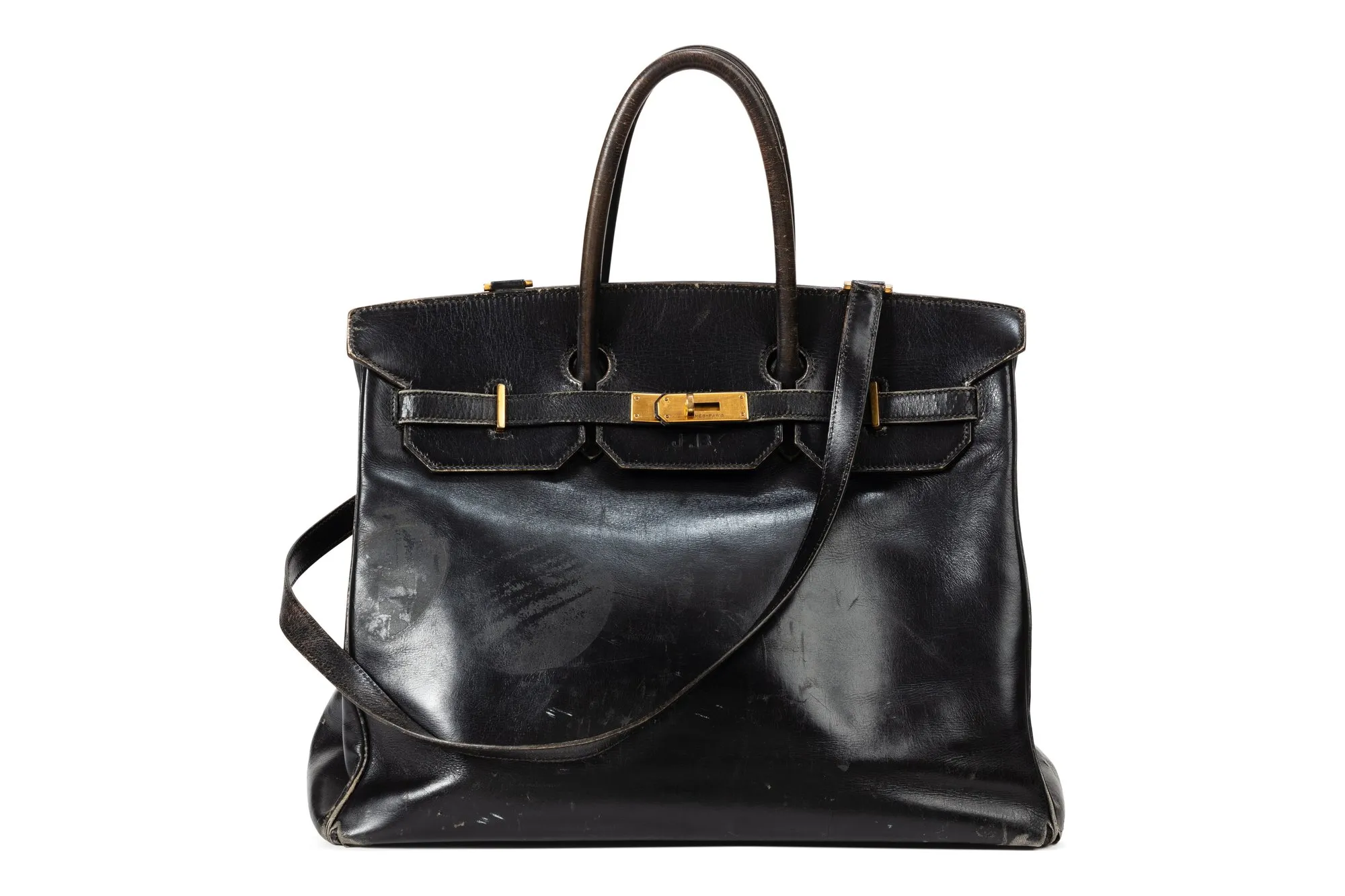 Le Birkin original de Jane Birkin, sac Hermès en cuir box noir adjugé 8,6 millions d'euros chez Sotheby's Paris en 2025