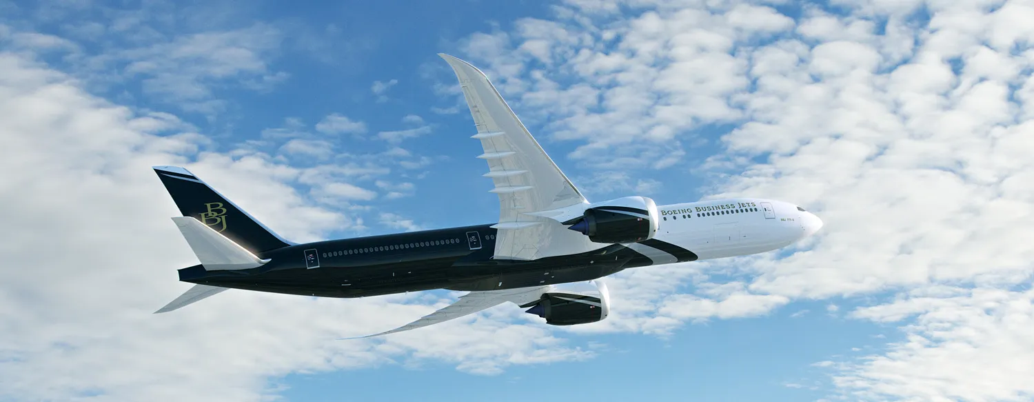 Boeing BBJ 777-9 in flight in Boeing Business Jets livery