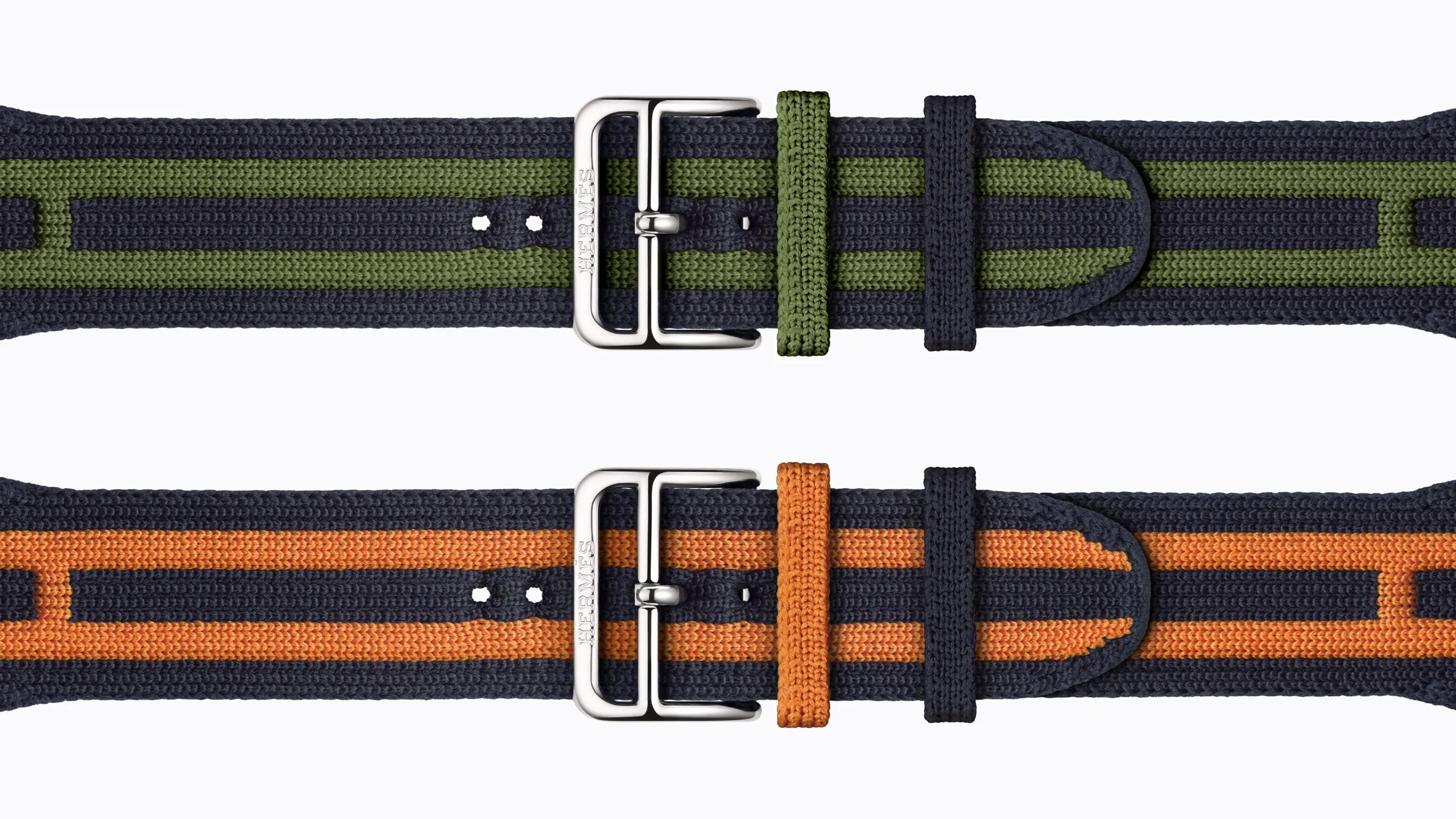 Two knitted Hermès Rocabar Club straps for Apple Watch, navy blue and green, navy blue and orange