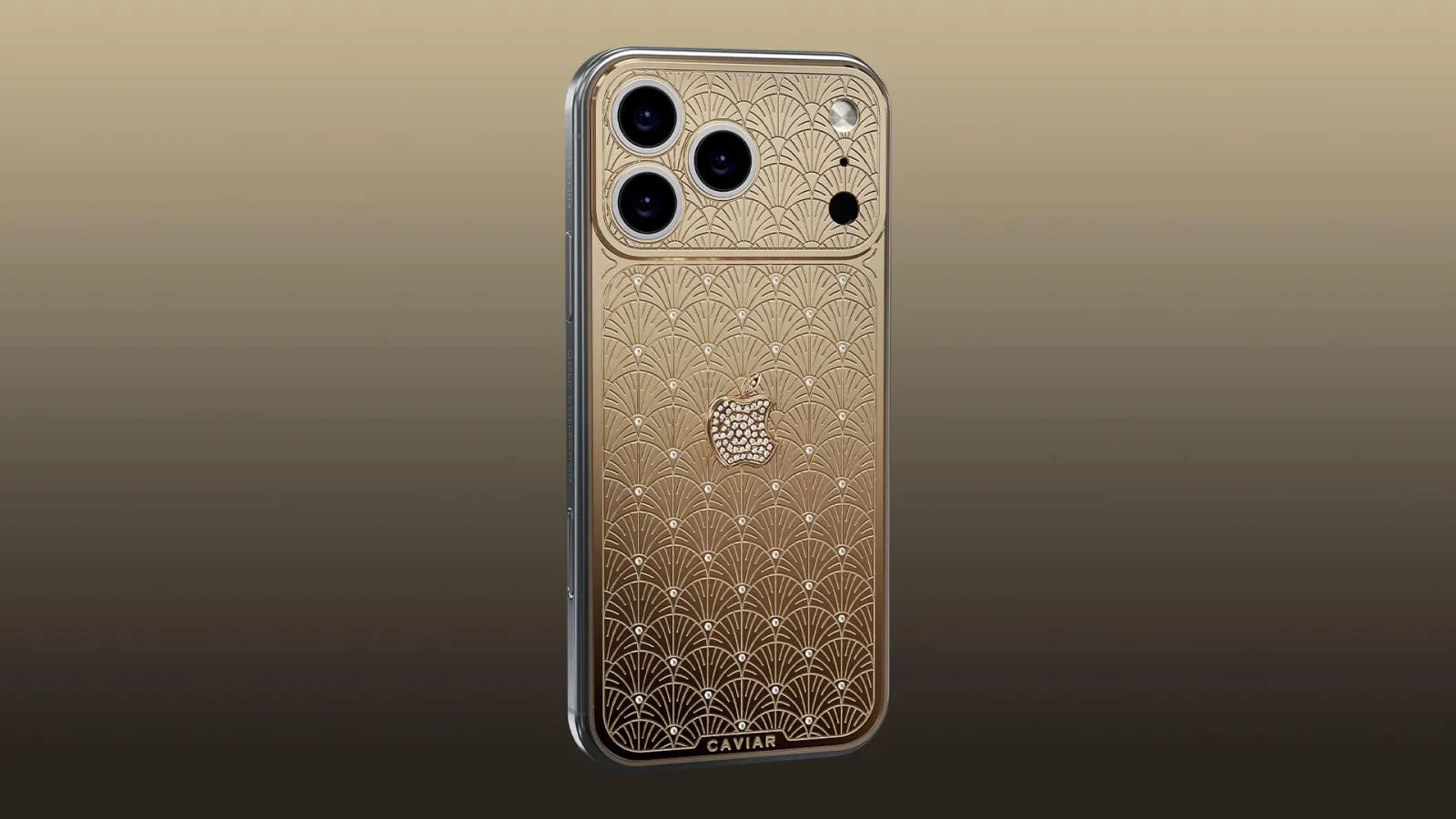 iPhone Palmette de Caviar en or 18 carats gravé de palmes Art déco, logo Apple serti de diamants