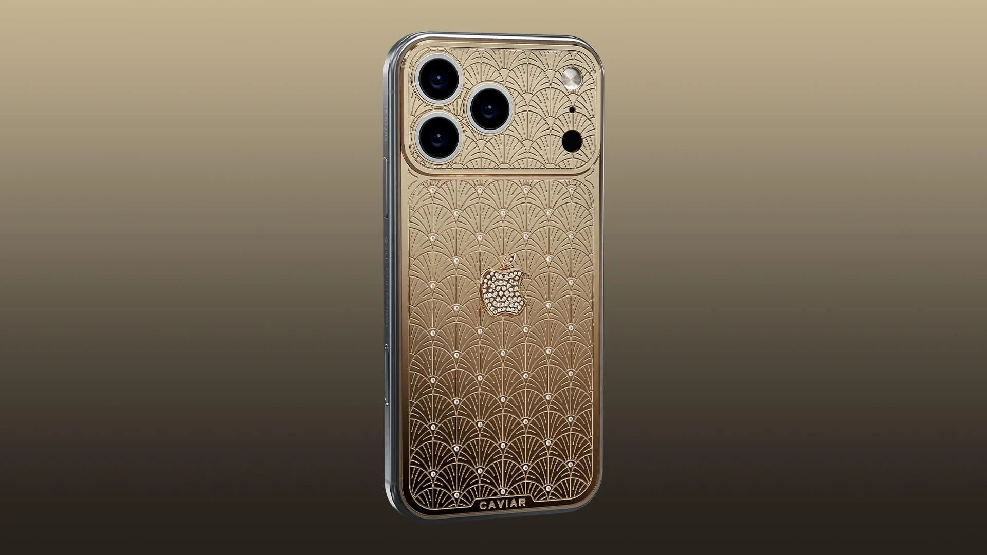 iPhone Palmette de Caviar en or 18 carats gravé de palmes Art déco, logo Apple serti de diamants