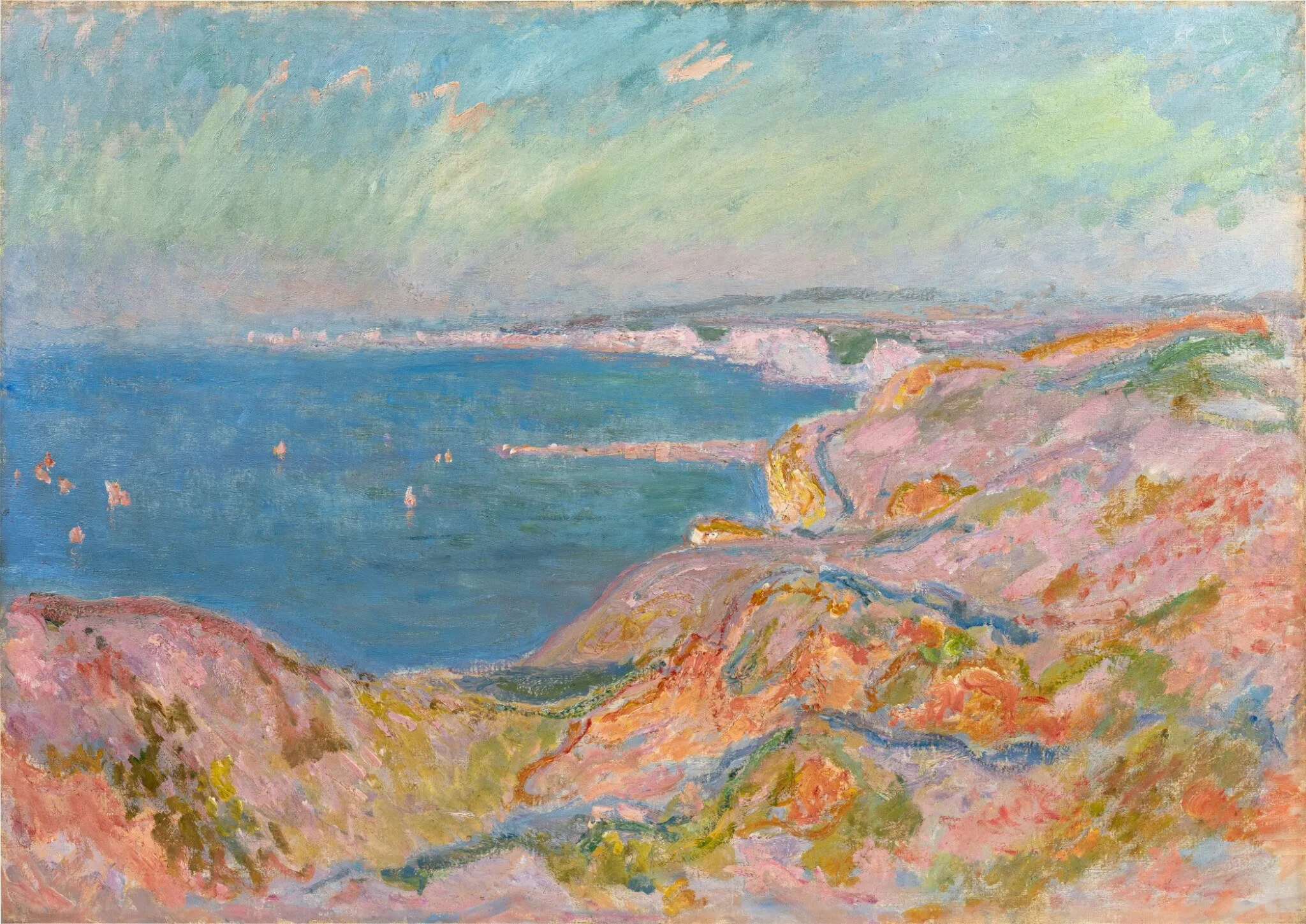 Tableau de Claude Monet, falaise rose et mer bleue près de Dieppe