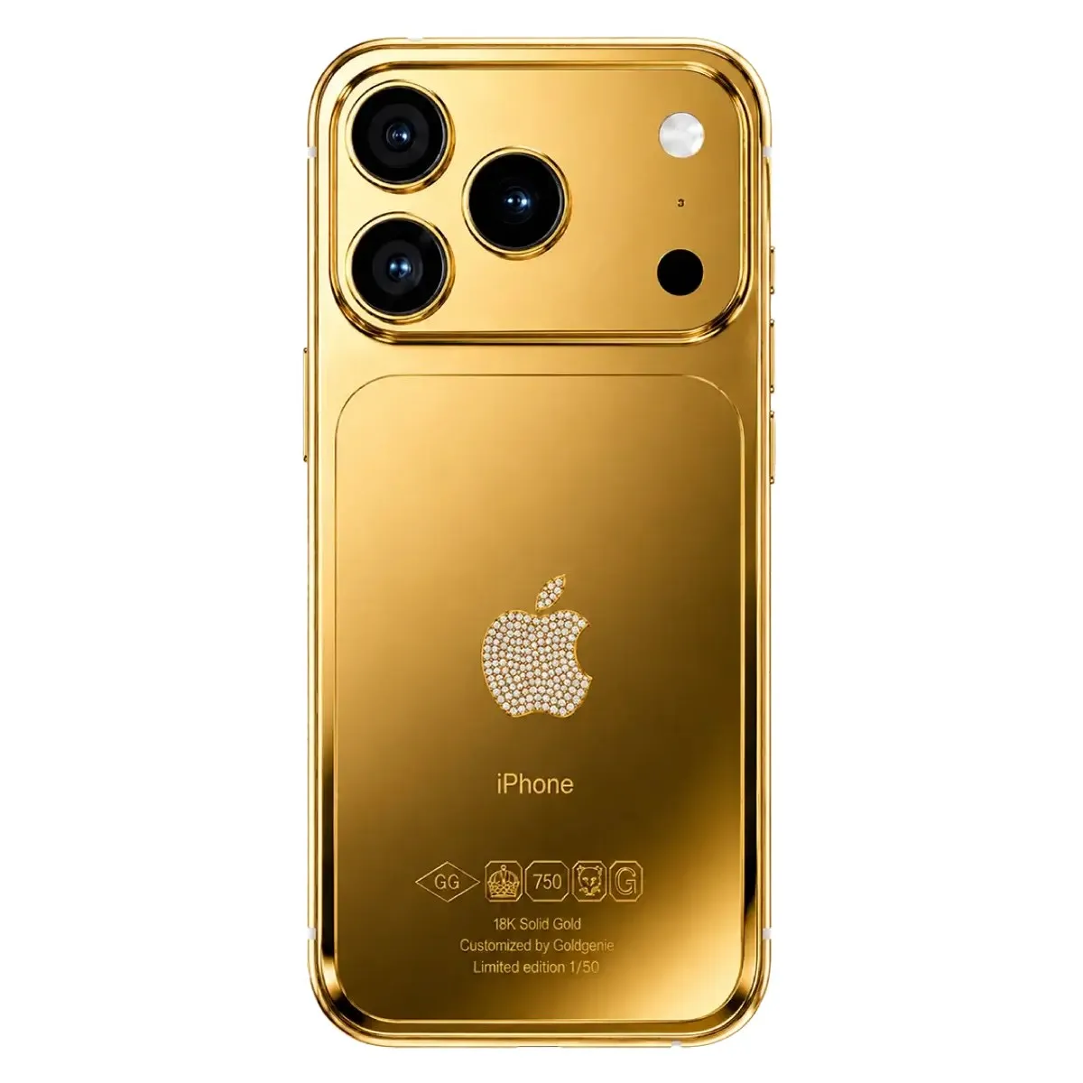 iPhone 18 Pro Goldgenie Innovation Edition au dos en or 18 carats massif et logo Apple serti de diamants