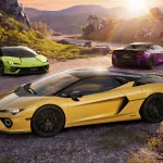 Lamborghini Temerario Tettonero Giallo Inti à capot et toit Nero Noctis sur une route de montagne, avec une Verde Scandal et une Viola Pasifae