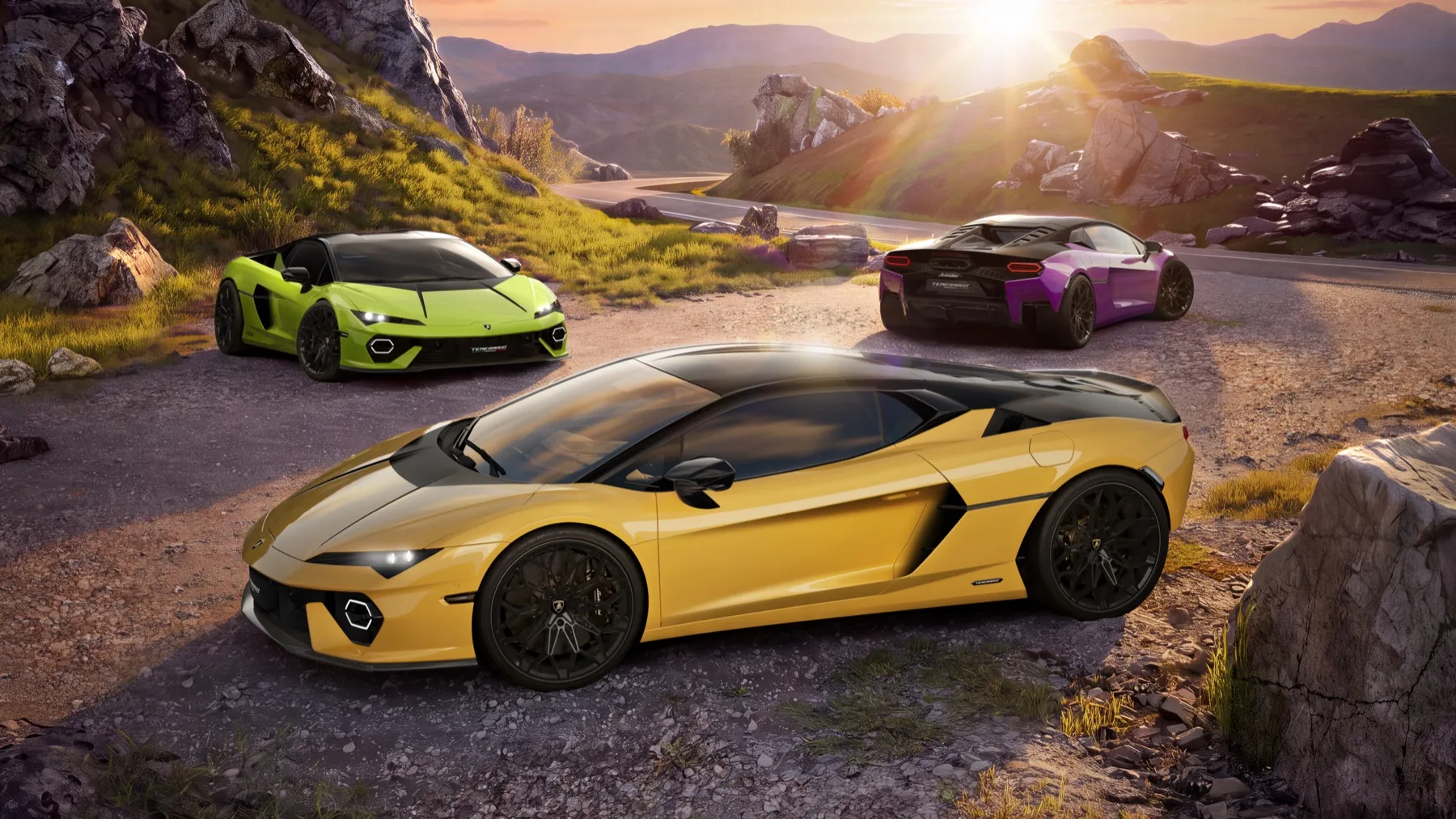 Lamborghini Temerario Tettonero in Giallo Inti mit Motorhaube und Dach in Nero Noctis auf einer Bergstraße, daneben Fahrzeuge in Verde Scandal und Viola Pasifae