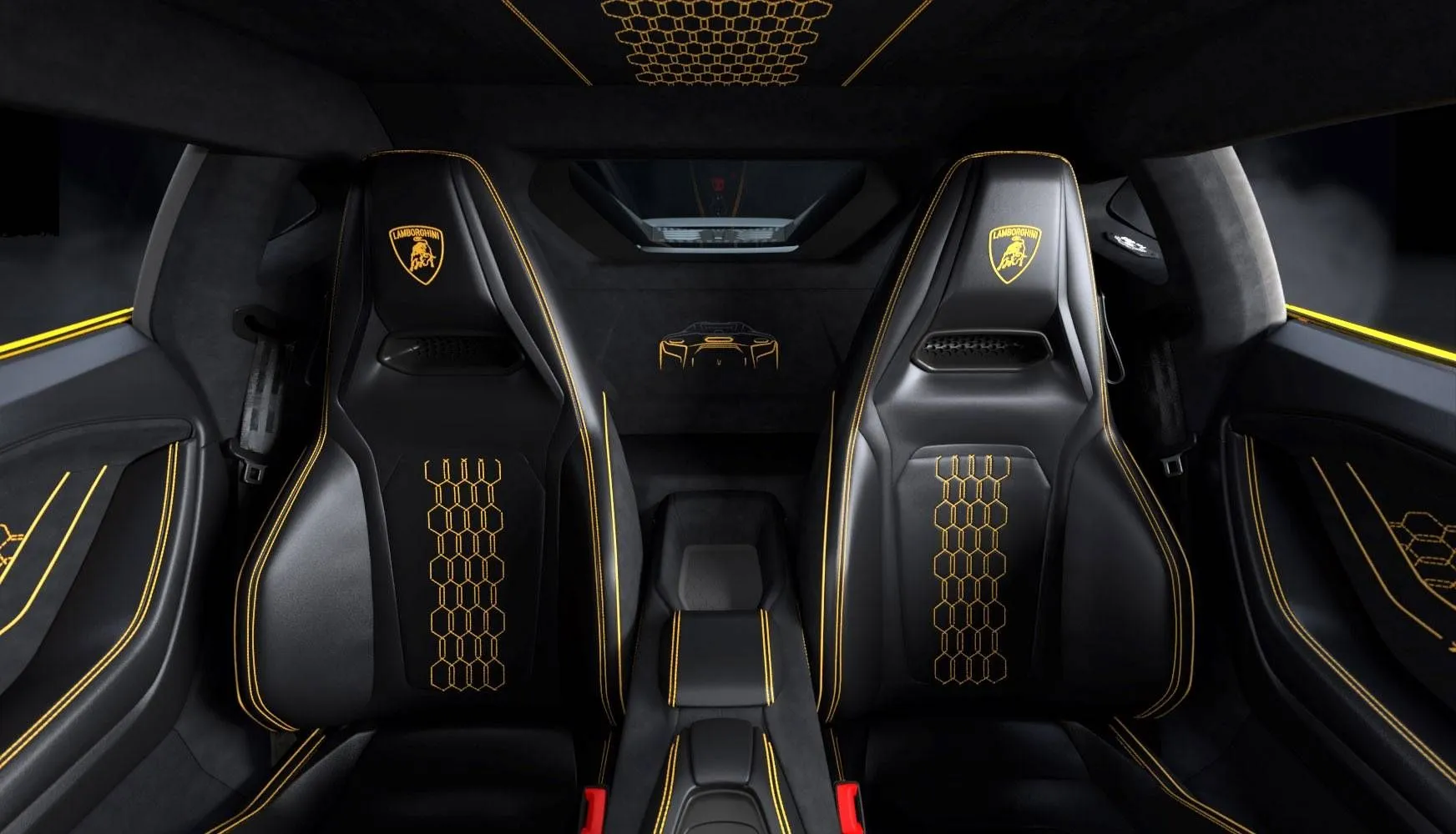 Innenraum des Lamborghini Temerario Tettonero: schwarze Q-citura-Sitze mit Sechseckmuster, gesticktes Logo und gestickte Silhouette an der hinteren Trennwand