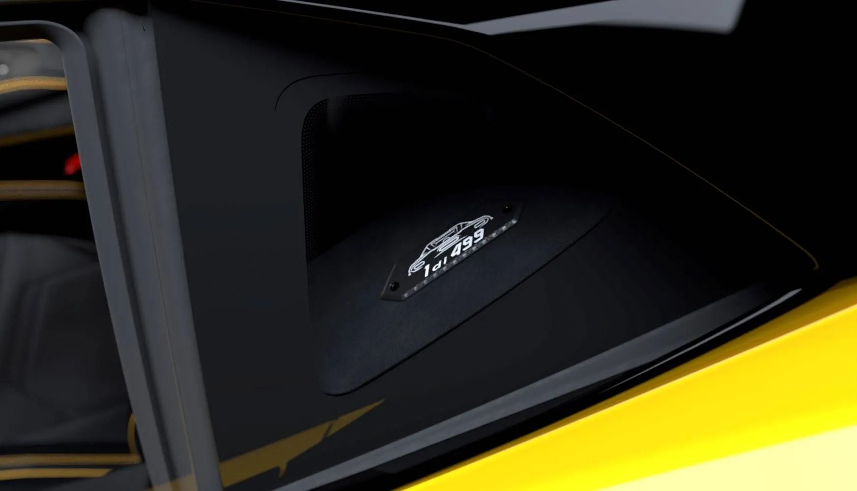Widmungsplakette aus mattem Carbon im schwarzen Innenraum des Lamborghini Temerario Tettonero, Karosserie in Giallo Inti