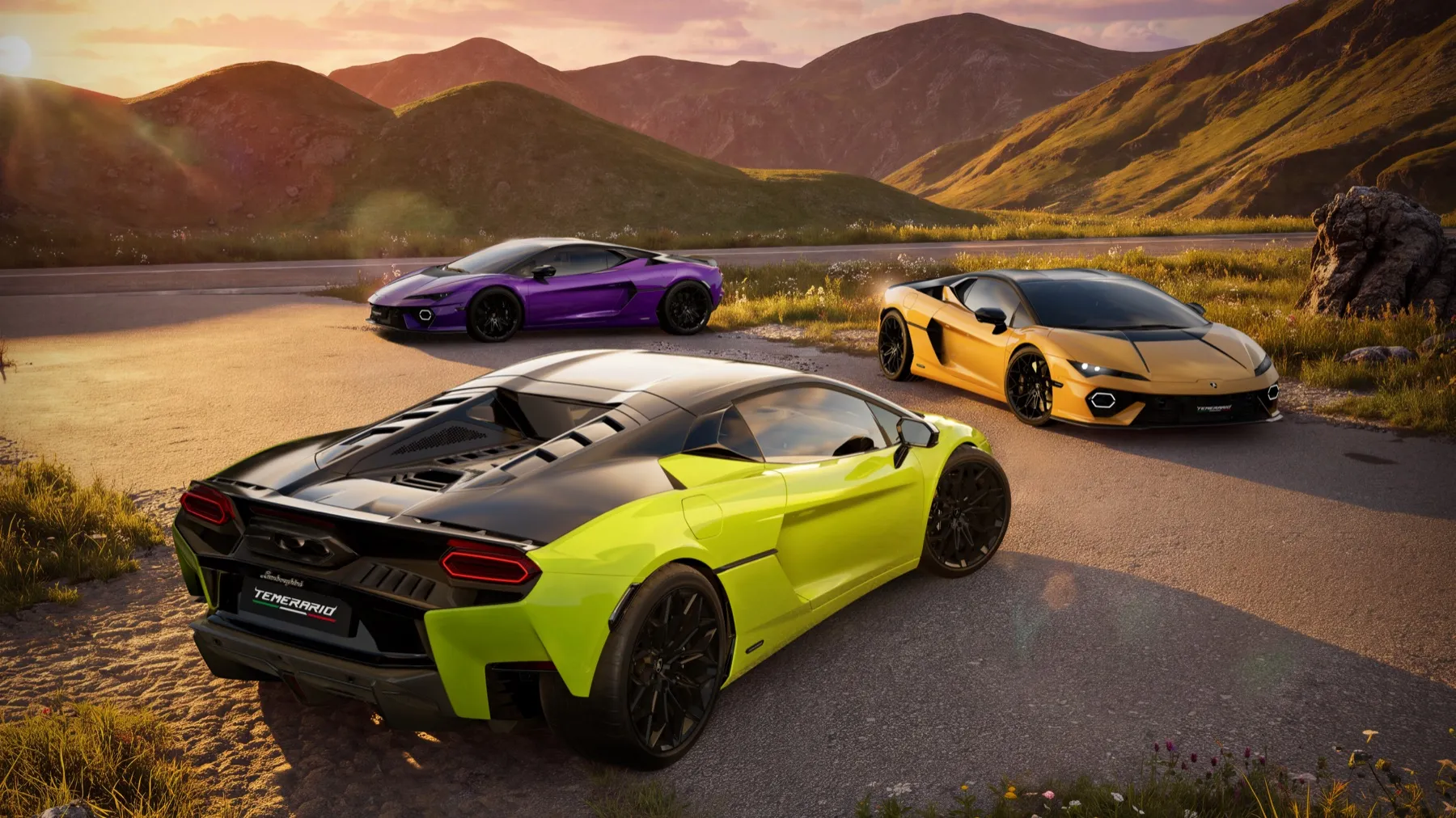 Lamborghini Temerario Tettonero in Verde Scandal von hinten, mit schwarzem Dach und schwarzer Motorabdeckung, daneben Fahrzeuge in Viola Pasifae und Giallo Inti
