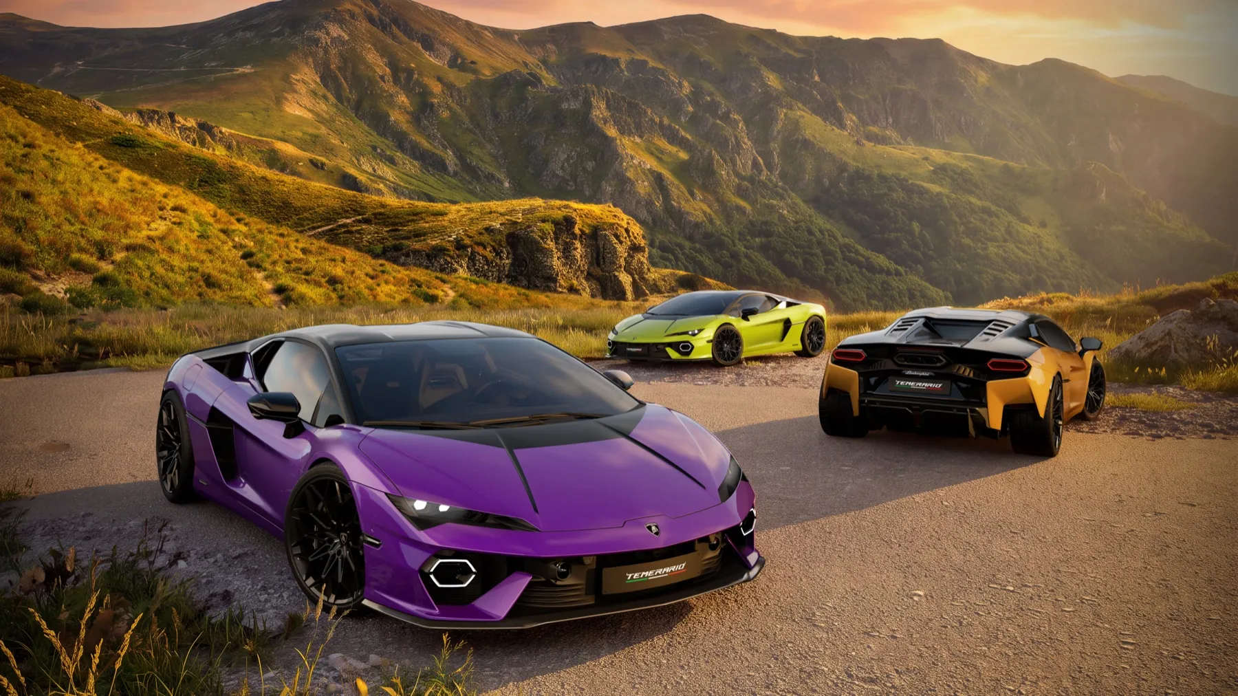 Lamborghini Temerario Tettonero in Viola Pasifae in der Dreiviertel-Frontansicht, mit schwarzem Dach und Felgen in Hochglanzschwarz, in den Bergen
