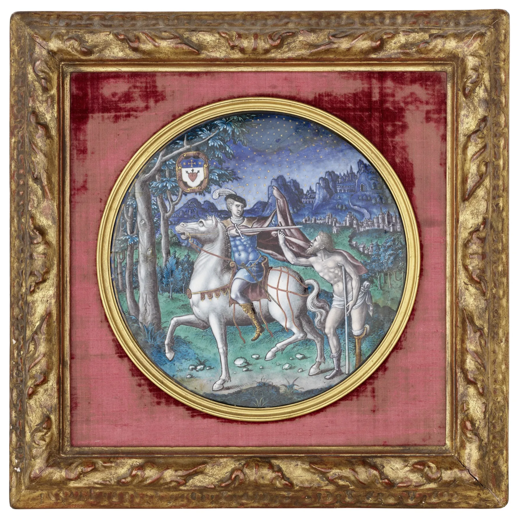 Plaque en émail de Limoges représentant saint Martin et le mendiant, attribuée à Pierre Reymond, collection Blaquier-Arrieta