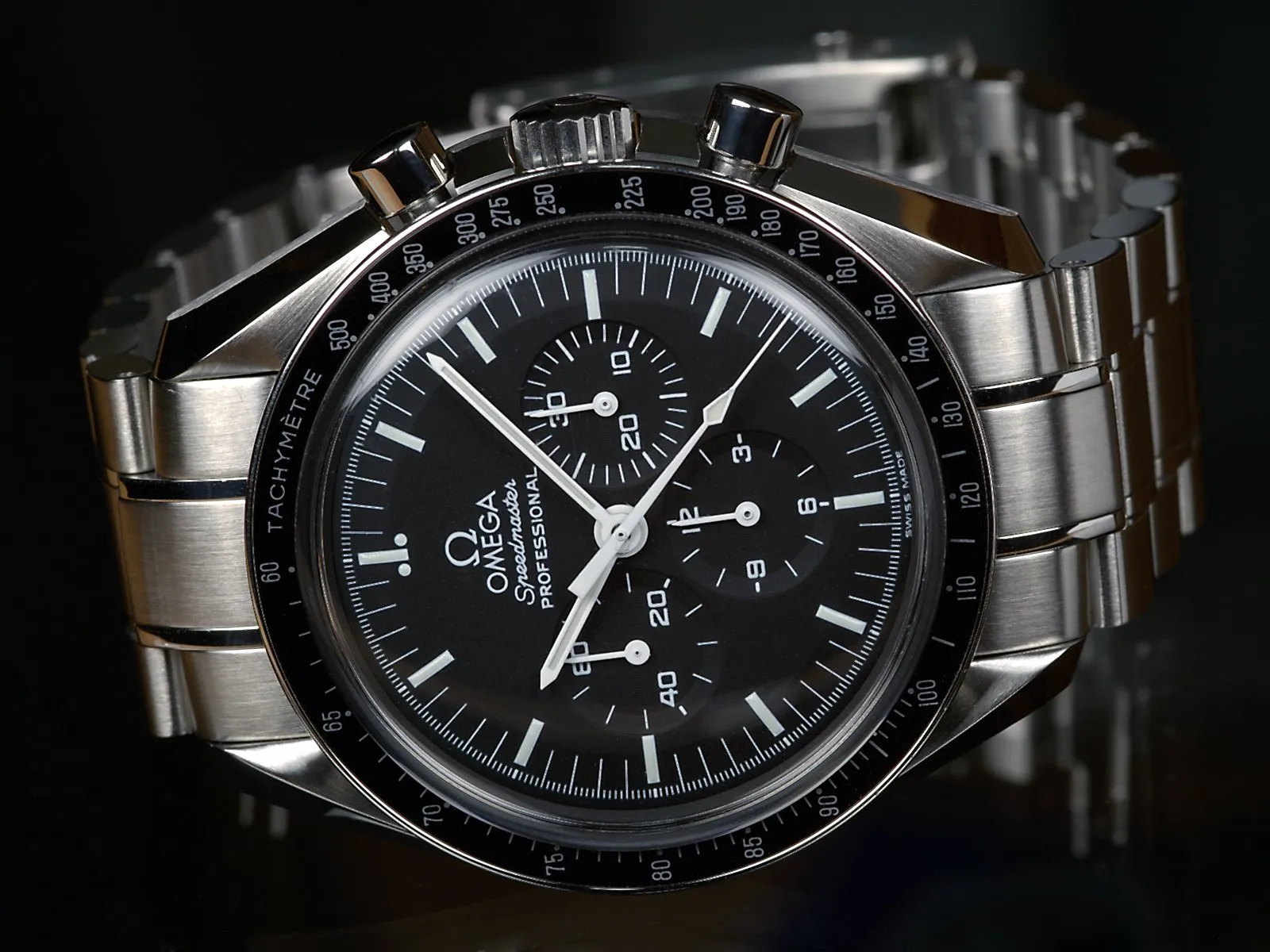 Omega Speedmaster Professional watch, the Moonwatch, black dial and steel bracelet