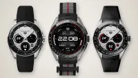 Trois montres connectées TAG Heuer Connected Calibre E5 : 40 mm acier, Running Edition 45 mm titane et 45 mm acier à lunette céramique