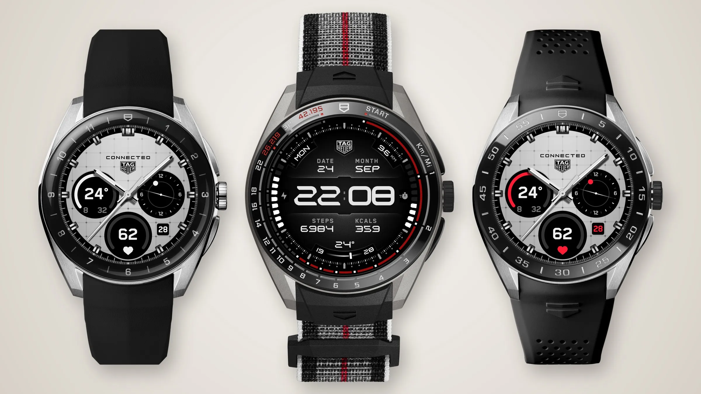 Three TAG Heuer Connected Calibre E5 smartwatches: 40 mm steel, Running Edition 45 mm titanium and 45 mm steel with ceramic bezel