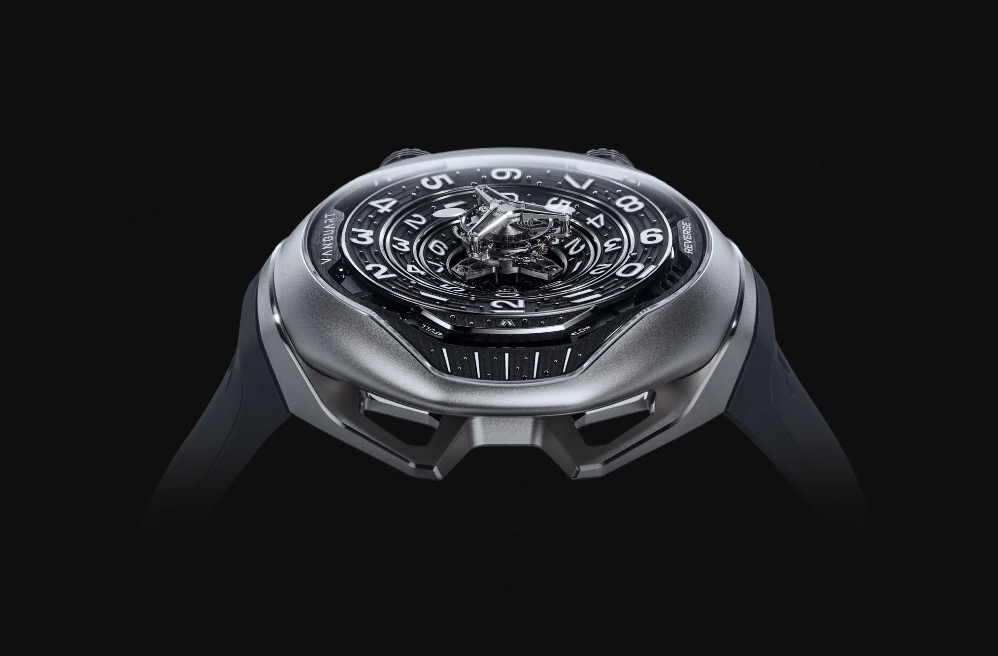 Montre Vanguart Black Hole Tourbillon vue de face sur fond noir