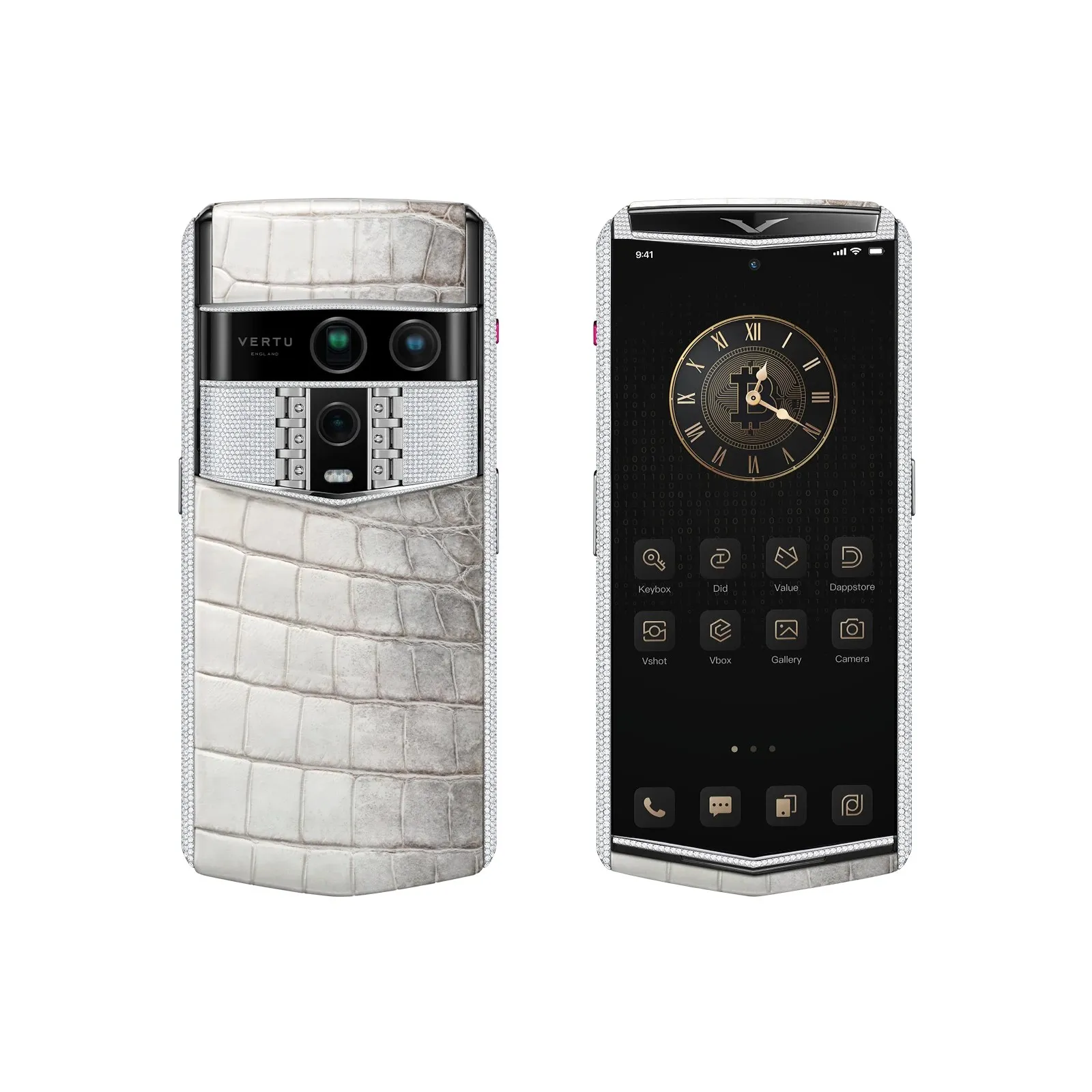 Vertu Agent Q en or blanc et diamants avec dos en alligator Himalaya blanc, vu de dos et de face