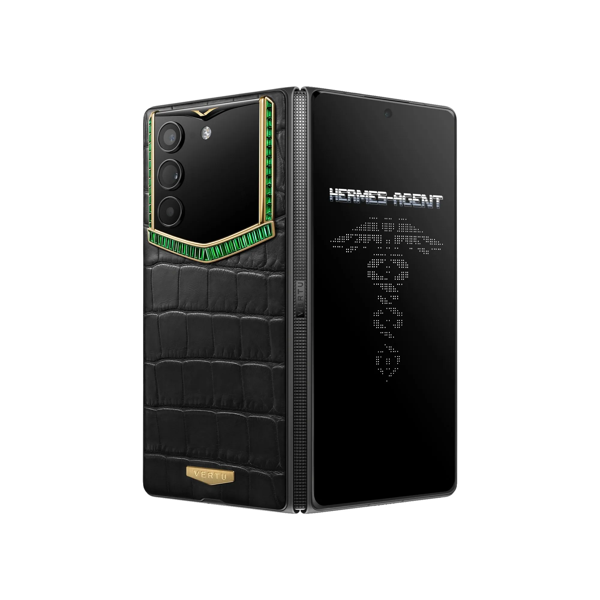 Smartphone pliable Vertu AlphaFold en alligator noir, encadrement or et pierres vertes