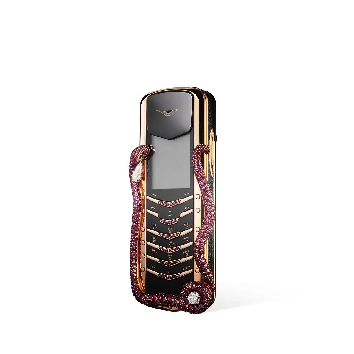 Téléphone à clavier Vertu Signature Cobra en or rose enlacé d'un cobra serti de rubis
