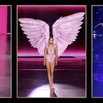 Trois mannequins défilent en lingerie rose et ailes de plumes et de cristaux au Victoria's Secret Fashion Show 2024 à New York