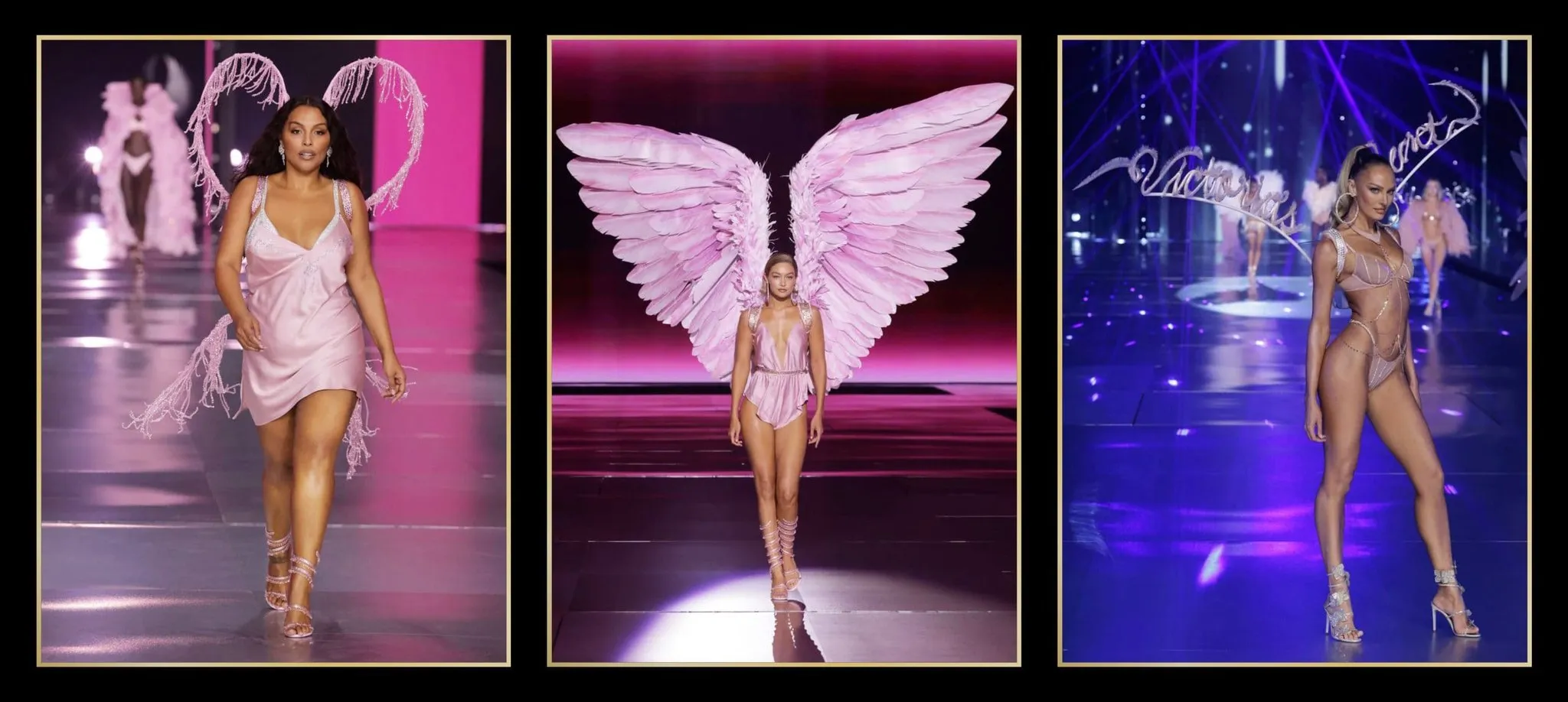 Trois mannequins défilent en lingerie rose et ailes de plumes et de cristaux au Victoria's Secret Fashion Show 2024 à New York