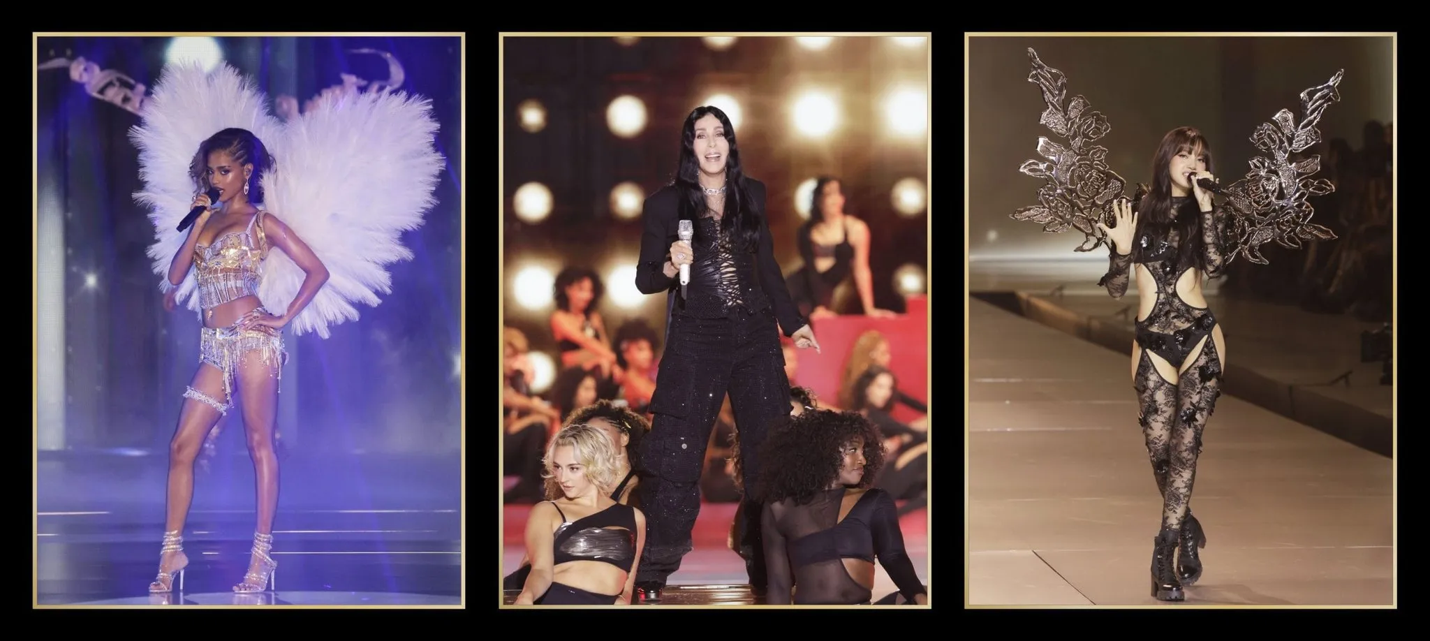 Tyla en ailes de plumes blanches, Cher et Lisa en ailes argentées sur scène au Victoria's Secret Fashion Show 2024