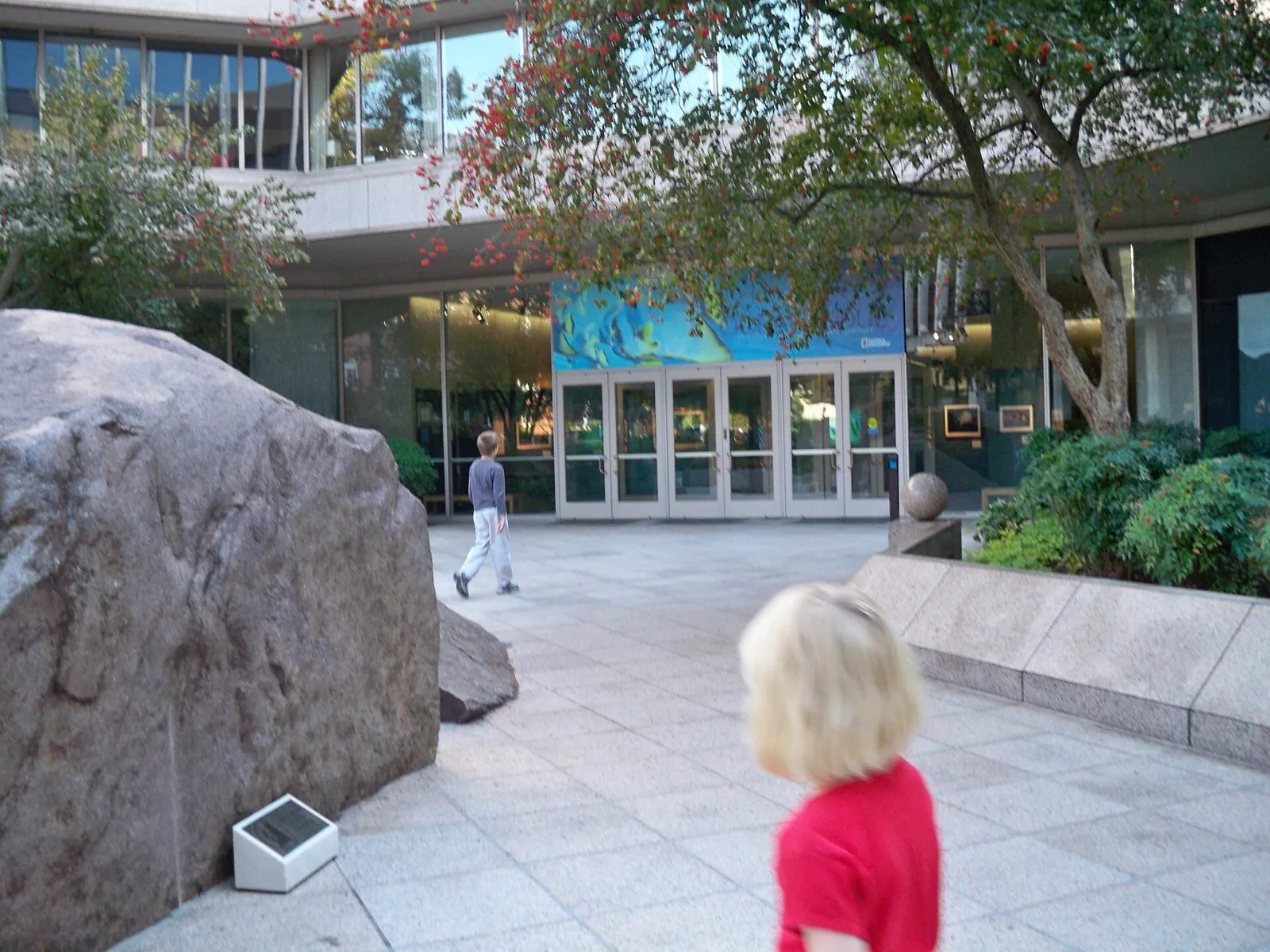 Cour intérieure et entrée vitrée du National Geographic Museum à Washington, avec un rocher et des visiteurs